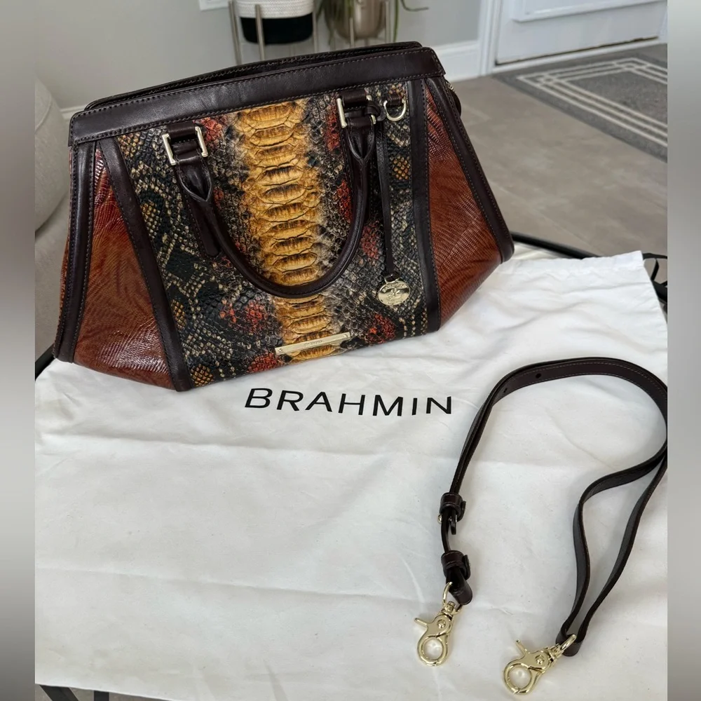 BRAHMIN ARDEN SATCHEL ANGULAR STRUCTURED HANDBAG IN TOBACCO CARLISLE NEW